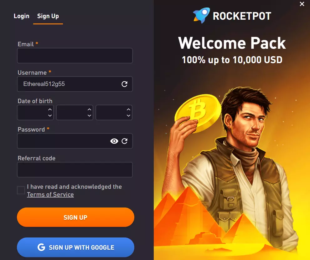 Sign Up Process On Rocketpot Casino